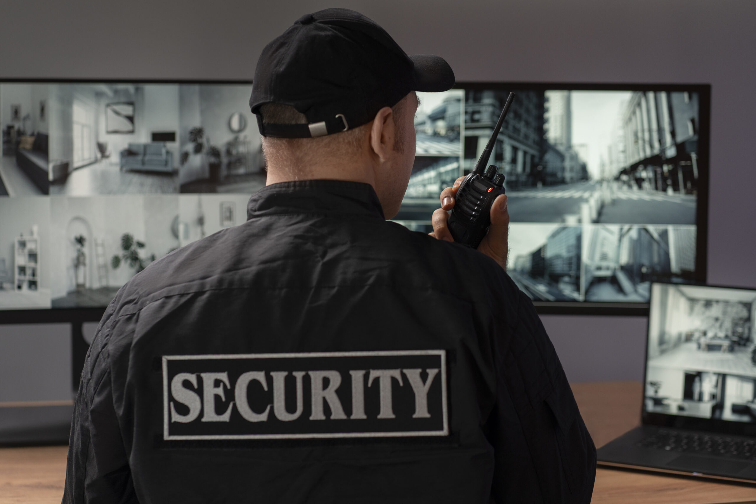 portrait-male-security-guard-with-radio-station-camera-screens